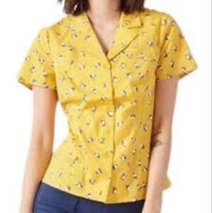 🧺Modcloth Daytime Dynamo Yellow Button Up Floral Short Sleeve Blouse, M